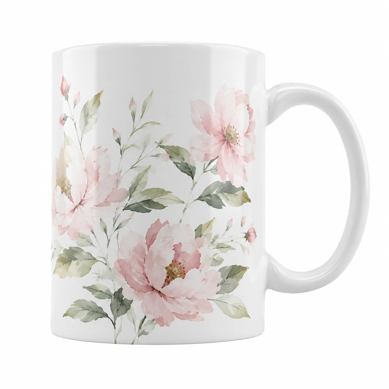 Tazza in Ceramica con Motivo Floreale - Bianco e Rosa, 350ml